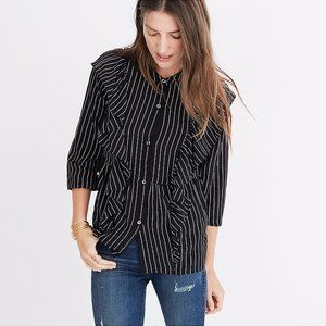Madewell Black & White Pinstripe Silk Ruffle Front Blouse Top M